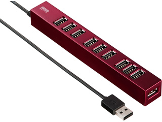 【クリックでお店のこの商品のページへ】サンワサプライ USB-HUB256R 磁石付き10ポートUSB2.0ハブ(レッド)