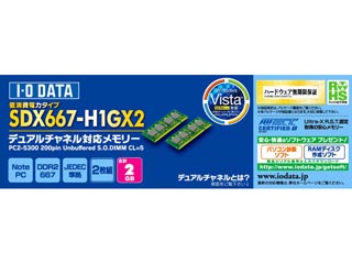 【クリックでお店のこの商品のページへ】I・O DATA/アイ・オー・データ SDX667-H1GX2 増設メモリ 1GBx2 ※低消費電力モデル