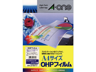 【クリックで詳細表示】A・one/エーワン 27077 OHPフィルム(インクジェットプリンタ用) 両面用 A4 10枚