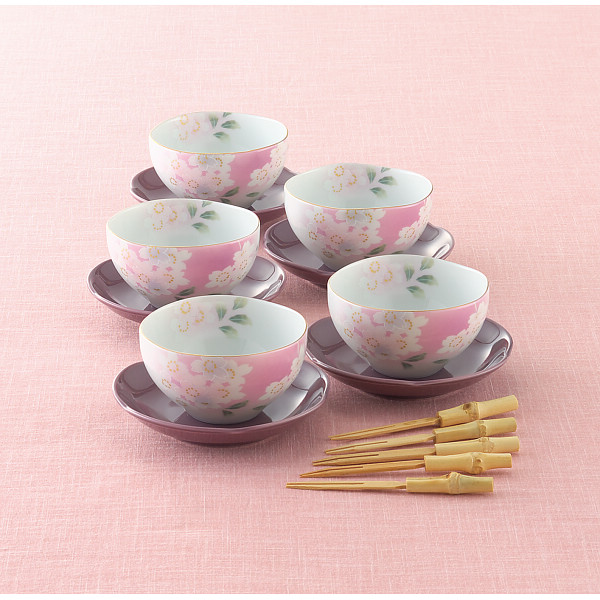 宇野千代 あかね桜 5客茶菓揃 （竹フォーク付） 【 ムラウチドットコム 】