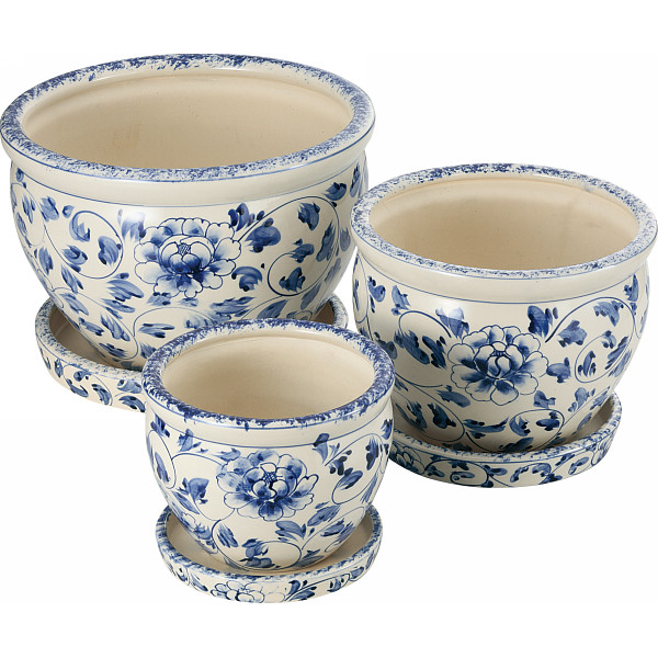 陶器植木鉢3点セット 受皿付 白 青 花柄 ムラウチドットコム 陶器植木鉢3点セット 受皿付 白 青 花柄 ムラウチドットコム