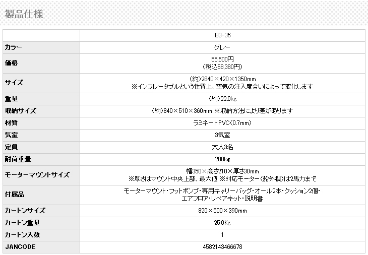 B3-36 インフレータブルボート (グレー) 【 ムラウチドットコム 】