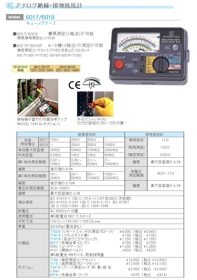 キューメグアース 6017F アナログ絶縁・接地抵抗計（125V/250V/500V） 【 ムラウチドットコム 】