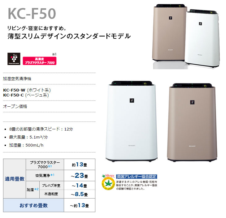 Kc F50 W プラズマクラスター 加湿空気清浄機 スタンダードモデル ホワイト系 ムラウチドットコム