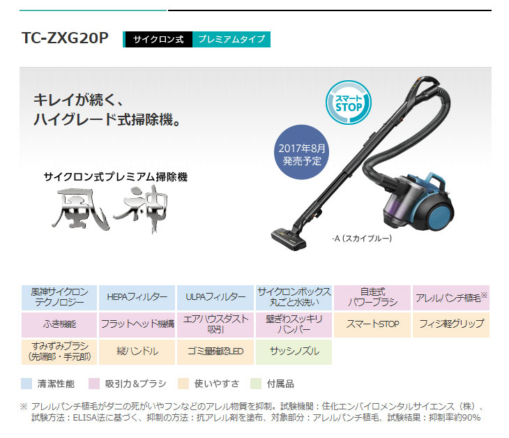 TC-ZXG20P-A サイクロン式プレミアム掃除機 風神 (スカイブルー 