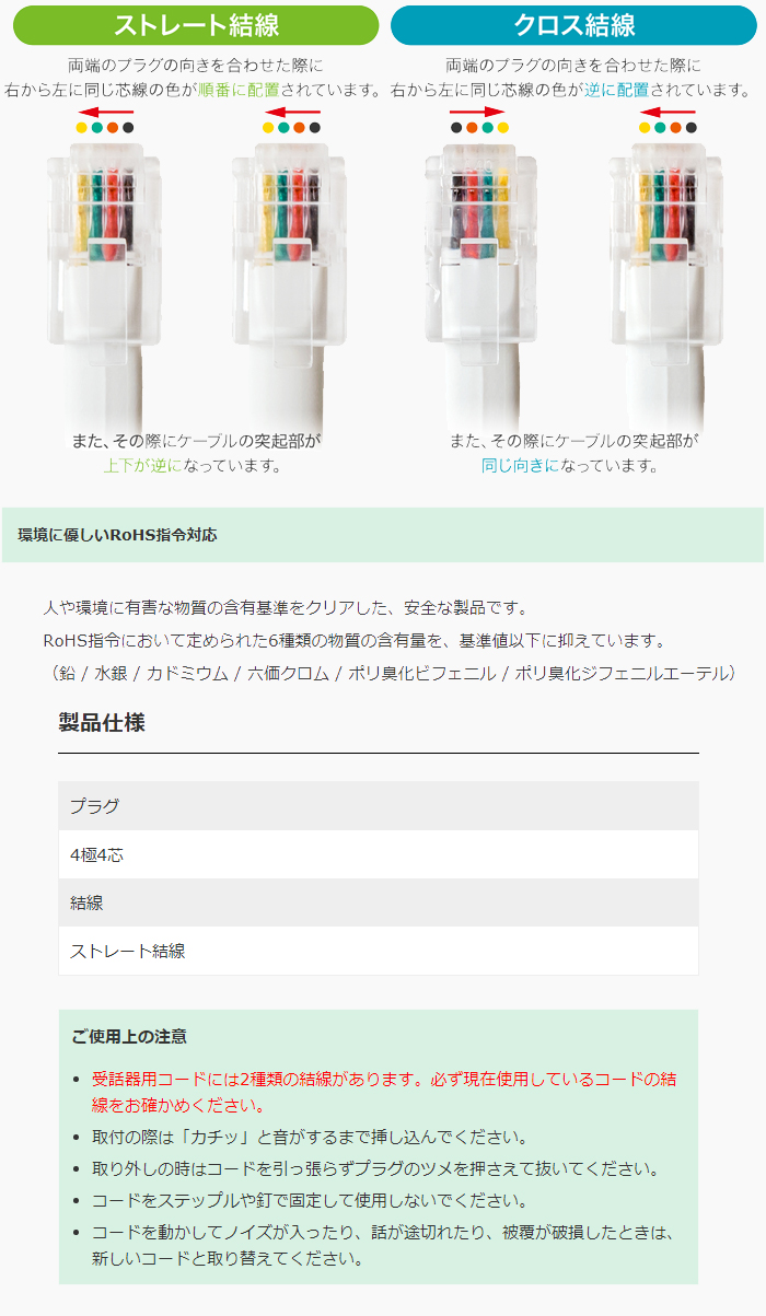 DC-J403S/BK 4極4芯 受話器用カールコード ストレート結線タイプ 0.3m 