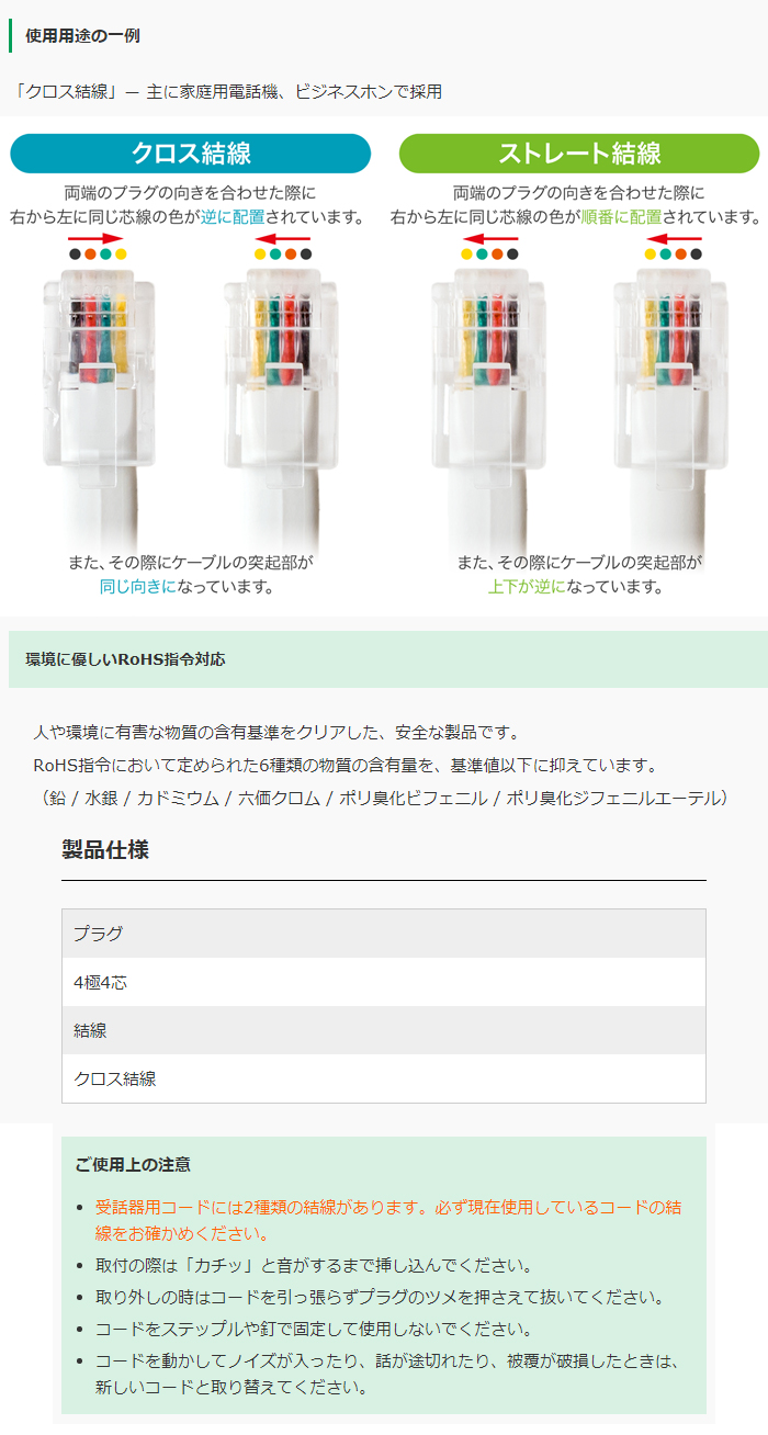DC-J410/WH 4極4芯 受話器用カールコード クロス結線タイプ 約1.0m（伸長時約6m）（ホワイト） 【 ムラウチドットコム 】