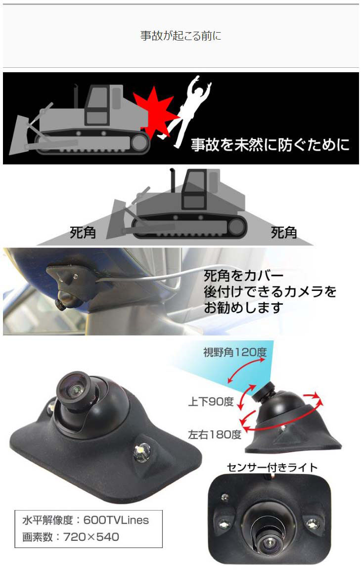 死角を無くしてより安全に モニターと高性能カメラ2台セット 建機用死角モニター mfcons ムラウチドットコム