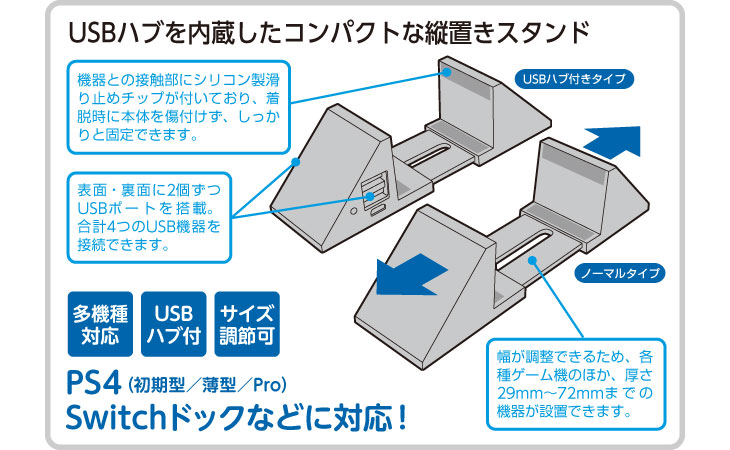 納期未定 CYBER・USBハブ付きアジャスタブル縦置きスタンド（PS4／SWITCH用）ブラック CY-P4ATST4H-BK 【  ムラウチドットコム 】