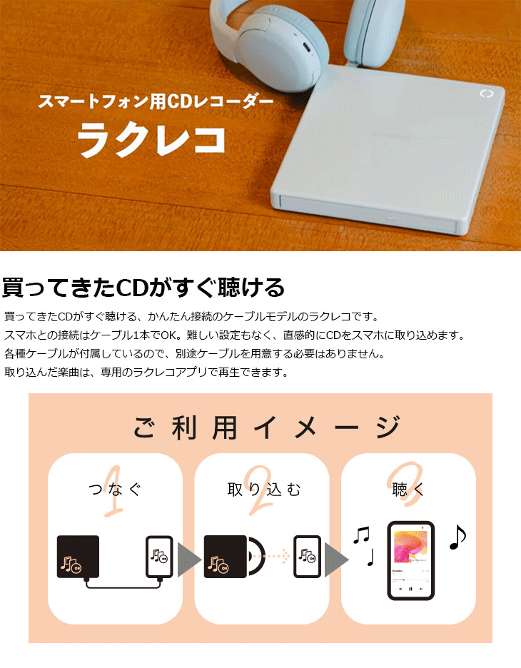 Web限定モデル スマートフォン用CDレコーダー ラクレコ 有線モデル RR-C1-WH/D ホワイト 【 ムラウチドットコム 】