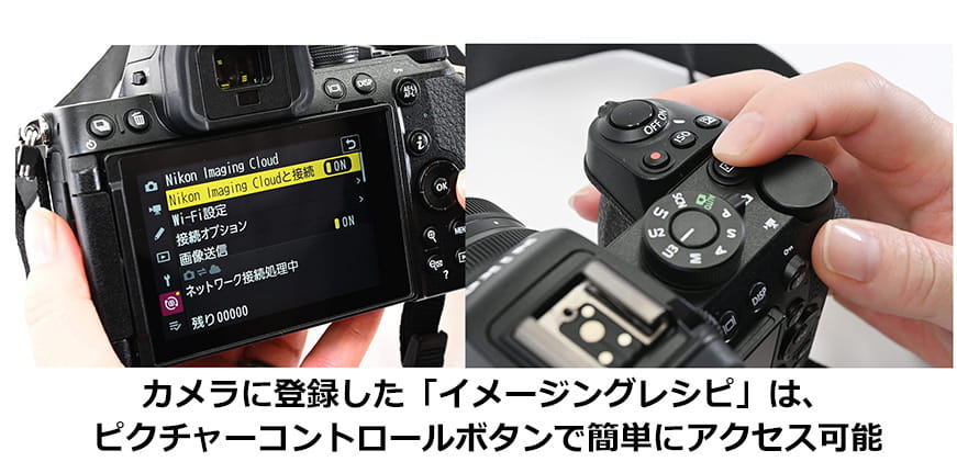 カメラに登録した「イメージングレシピ」は、ピクチャーコントロールボタンで簡単にアクセス可能 カメラに登録した「イメージングレシピ」は、ピクチャーコントロールボタンで簡単にアクセス可能