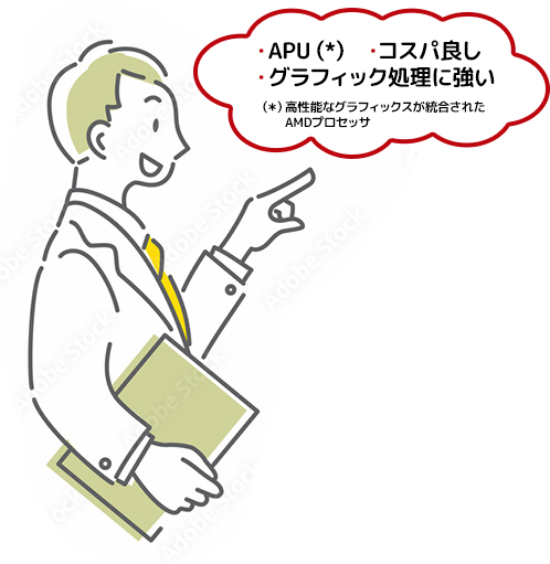 ・APU（＊） ・コスパ良し・グラフィック処理に強い（＊）高性能なグラフィックスが統合されたAMDプロセッサ